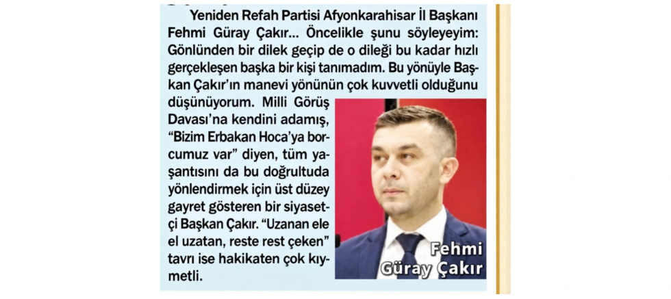Fehmi Güray Çakır: Gönülden Söylenen Her Güzel Söz Sorumluluğumuzu Artırıyor