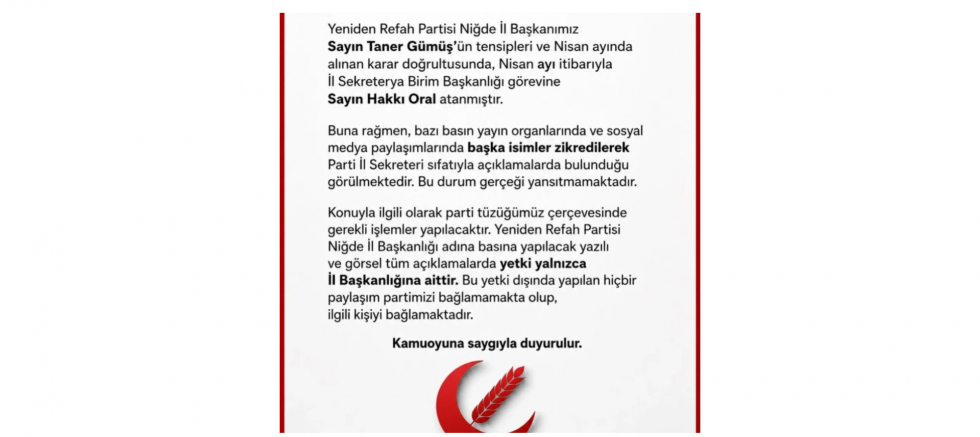 Taner Gümüş: Niğde İl Başkanlığı Adına Açıklama Yetkisi Yalnızca İl Başkanlığımıza Aittir